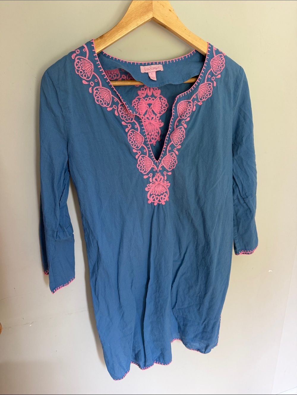 Lilly Pulitzer Teal-Blue Tunic with Pink Embroidery